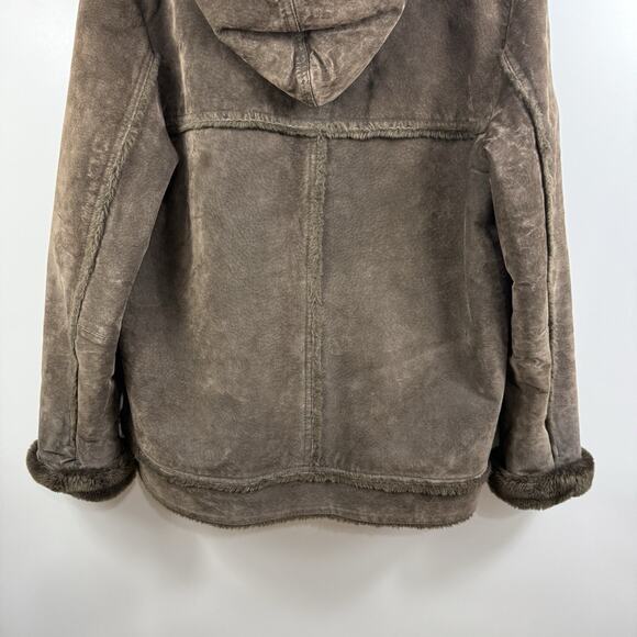 Vintage Jones New York Sport Brown Suede Faux Fur Coat Large Hooded Penny Lane - Picture 9 of 15